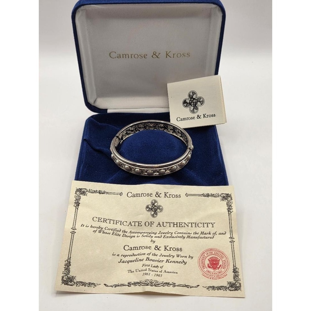 Camrose & Kross Jackie Kennedy Bangle Bracelet Faux Pearls Crystals Silver Tone